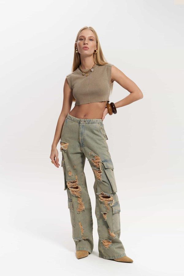 Dries Kirli Gri Yırtık Detay Kargo Jean Pantolon - Image 1