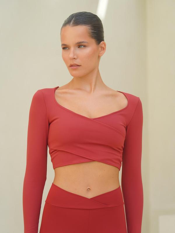 Gaia Uzun Kollu Çapraz Detay Bordo Crop - Image 1