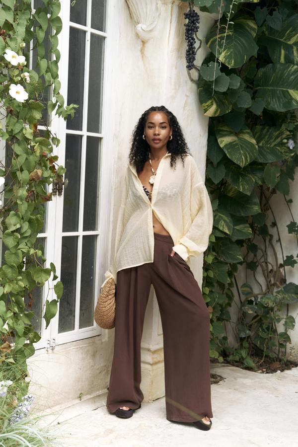 Mahoney Kahve Keten Palazzo Pantolon - Image 1