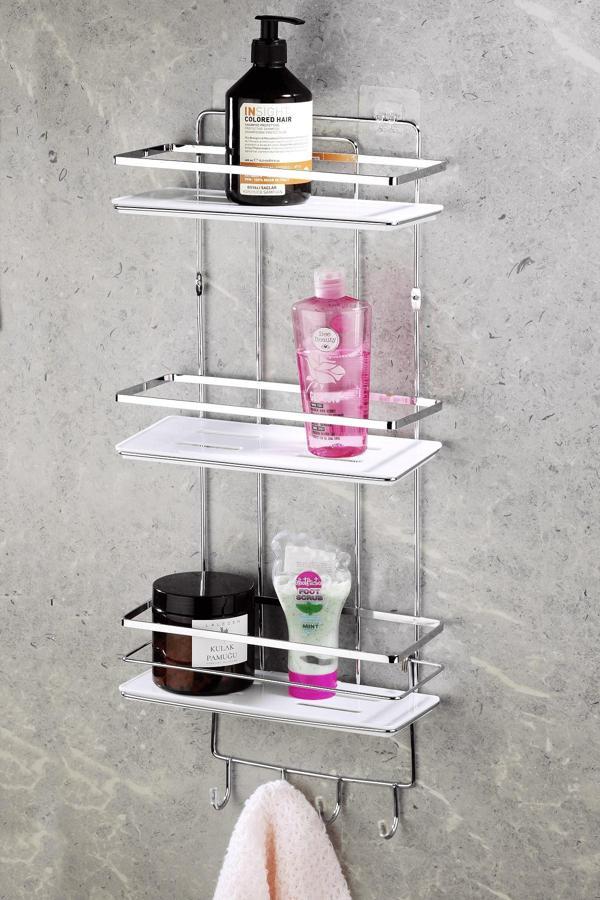 Yapışkanlı Ömür Boyu Paslanmaz Kristal Ayarlanabilir Raf Banyo Düzenleyici Şampuanlık Krom-Beyaz - Image 1