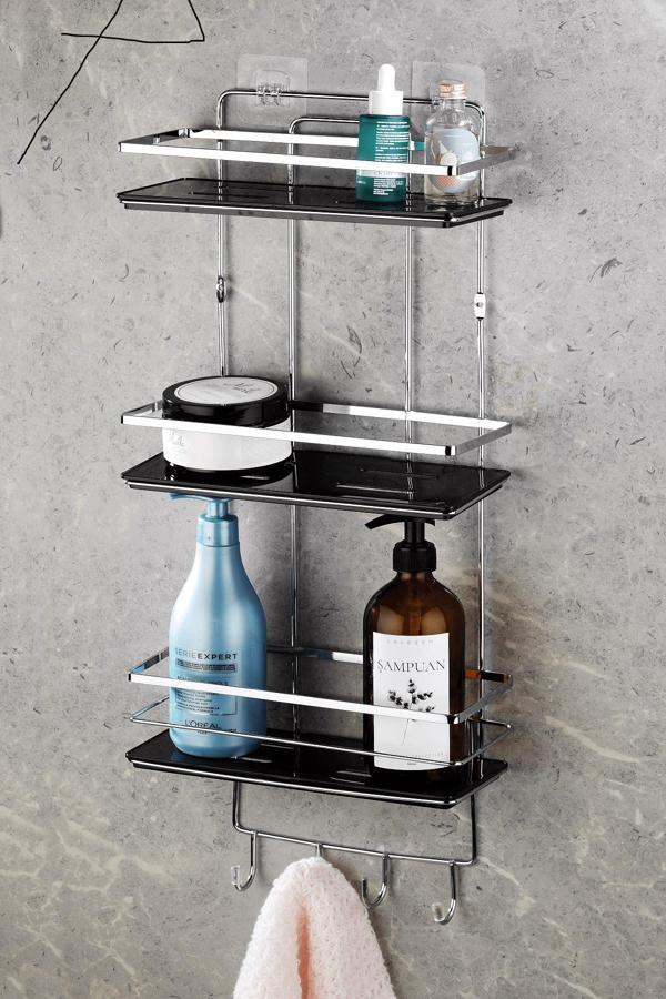 Yapışkanlı Ömür Boyu Paslanmaz Kristal Ayarlanabilir Raf Banyo Düzenleyici Şampuanlık Krom-Siyah - Image 1