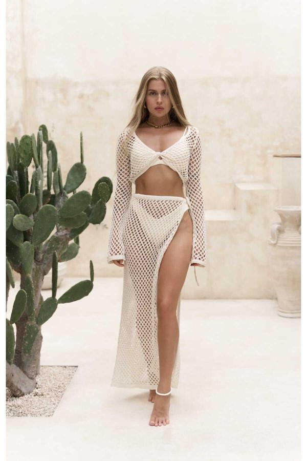 Rubina Bej Triko Crop-Etek Takım - Image 1