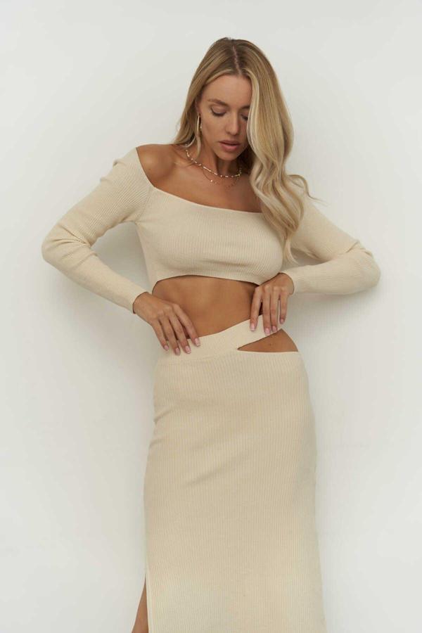 Sabrina Bej Triko Etek-crop Takım - Image 1