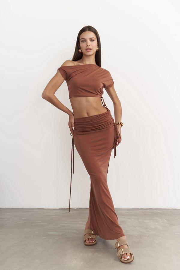 Ivan Büzgülü Kahve Crop Etek Takım - Image 1