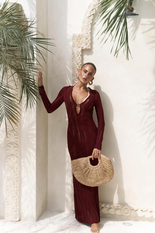 Anandra Boncuk Detay Bordo Triko Uzun Elbise - Image 1