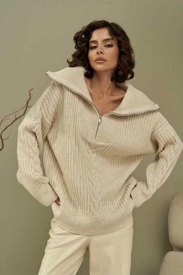 Rika Bej Saç Örgü Fermuarlı Triko Kazak - Image 1