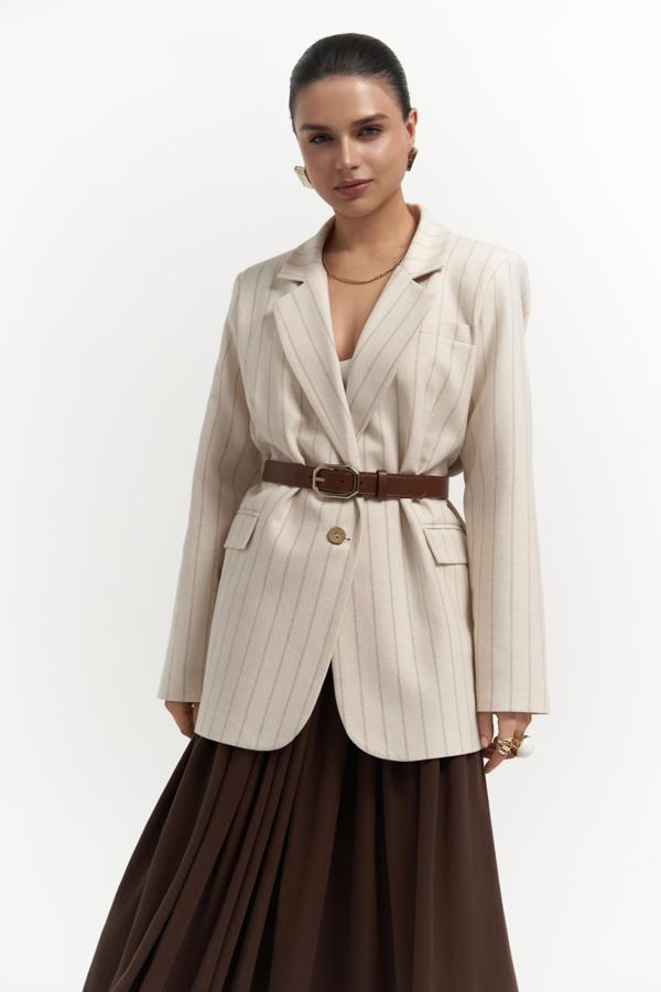 Juba Vizon Çizgili Bej Basic Blazer - Image 1