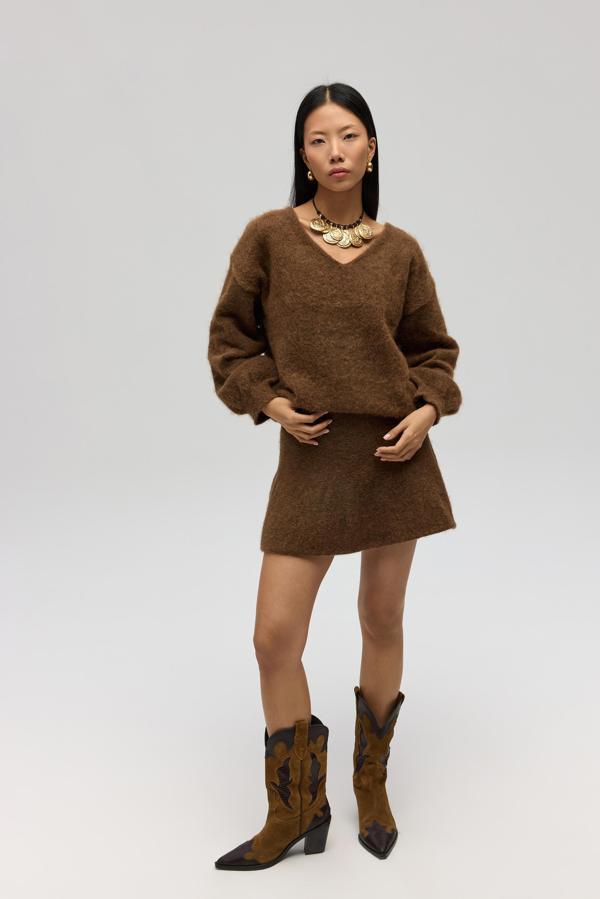 Nordis Volanlı Açık Kahve Triko Mini Etek - Image 1