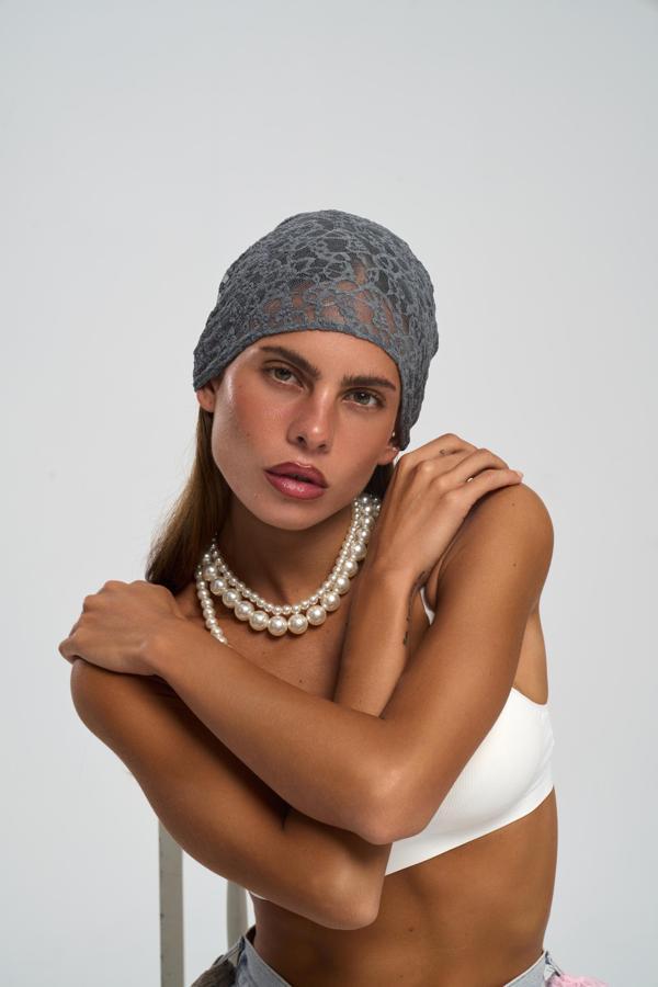 Miray Üçgen Kesim Antrasit Dantel Bandana - Image 1