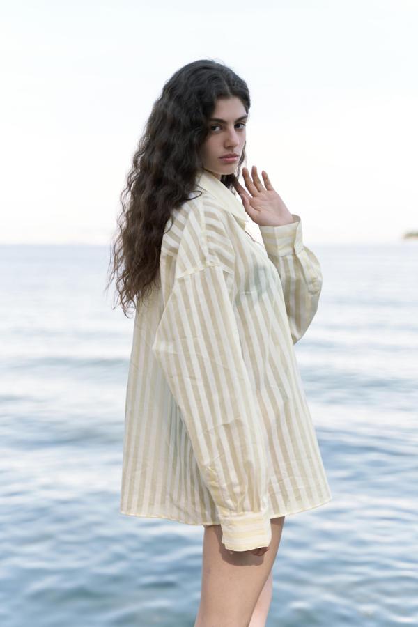 Rosy Transparan Çizgili Sarı Oversize Gömlek - Image 1