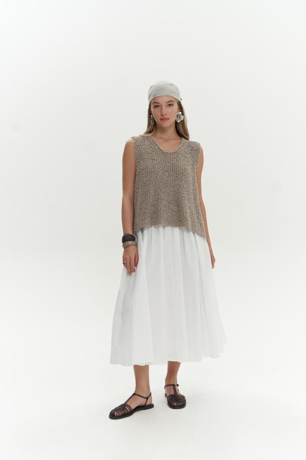 Amaya Bilek Hizasında Pileli Beyaz Etek - Image 1