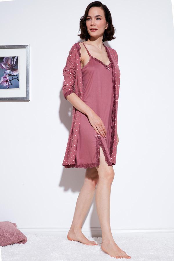 Lela Dantel Detaylı Yırtmaçlı Sabahlıklı Bayan Gecelik 6097580 GÜL KURUSU - Image 1