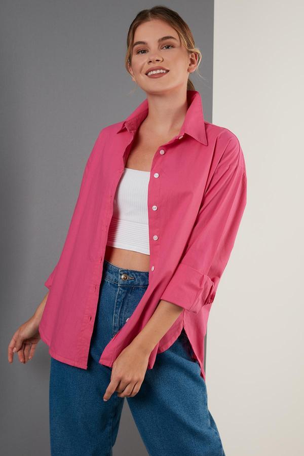 Lela Oversize % 100 Pamuk Poplin Bayan Gömlek CF21S163867 FUŞYA - Image 1