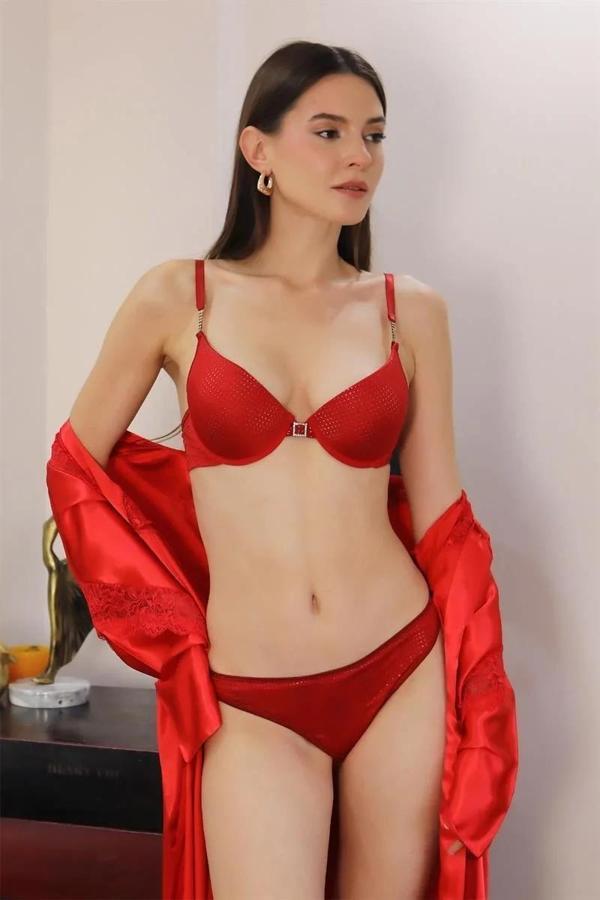 Kadın Destekli Aksesuarlı Sütyen Takım Kırmızı - Image 1