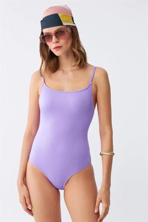 Kadın Lila Minimal Askılı Tek Parça Mayo - Image 1