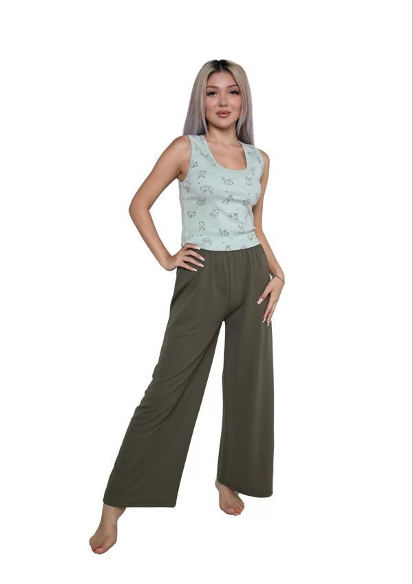 Kadın Kalın Askılı Body Bol Paça Pantolon 2`li Takım Su Yeşili - Image 1