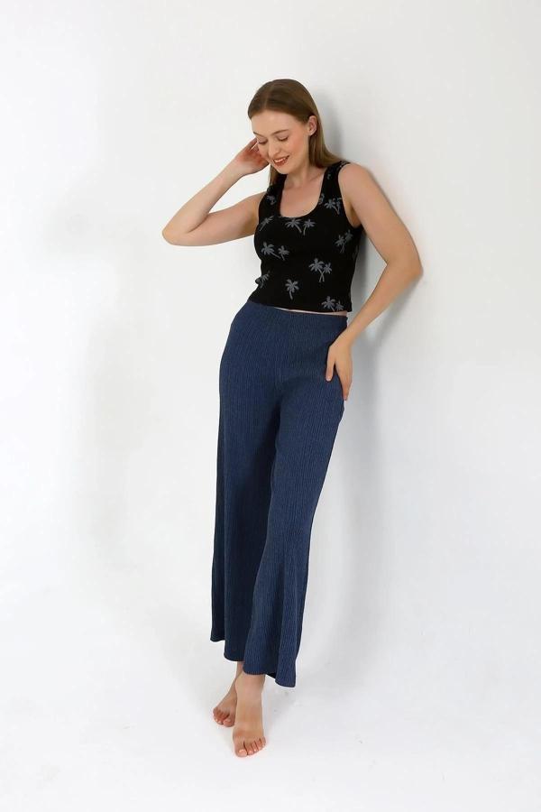 Kadın Kalın Askılı Body Bol Paça Pantolon 2`li Takım Siyah - Image 1