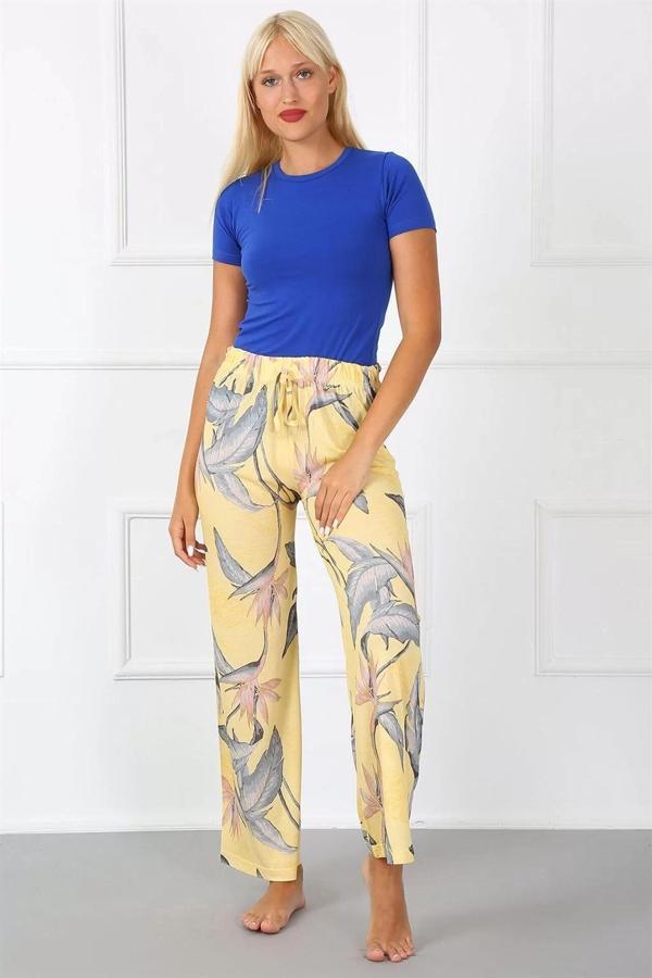 Bayan Penye Bol Paça Pantolon Sarı - Image 1