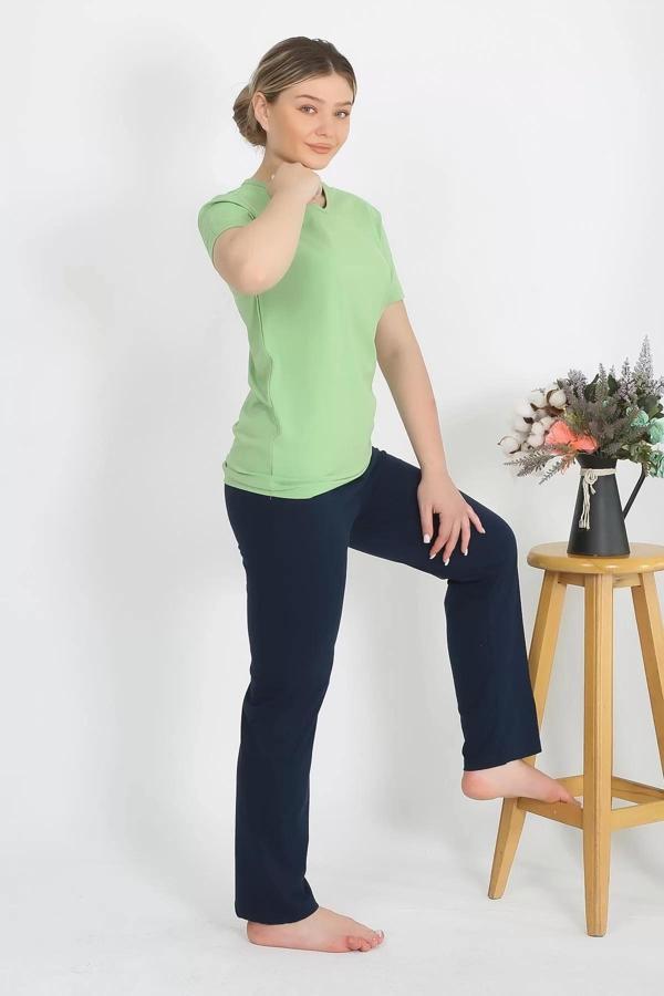 Kadın Kısa Kol Pamuk Penye Pijama Takım Fıstık Yeşili - Image 1