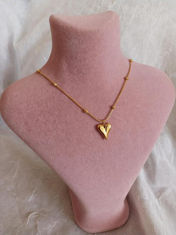Ahza Collection Çelik Gold Dorika Zincirli Bombeli Kalp Kolye - Image 1