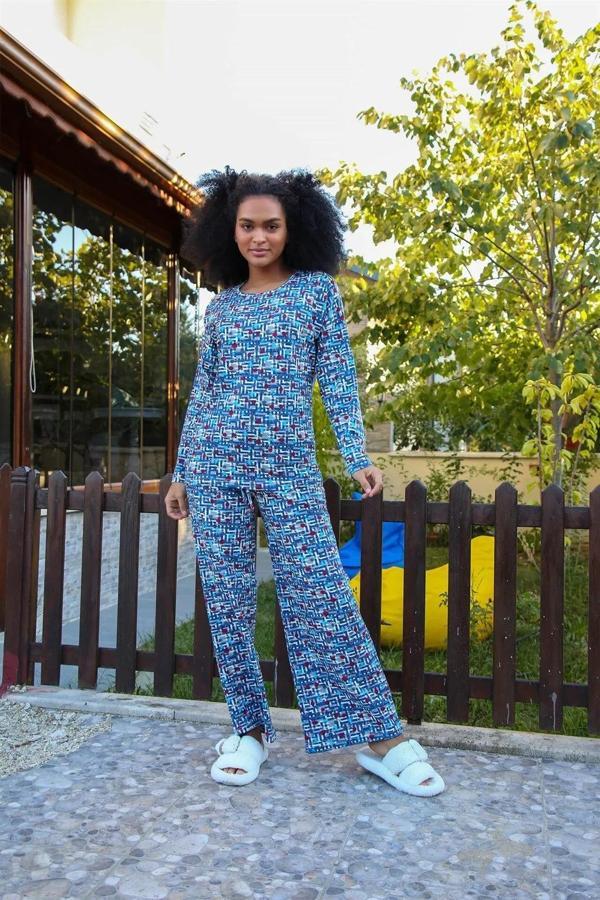 Kadın Penye Bol Paça Pijama Takım Mavi - Image 1