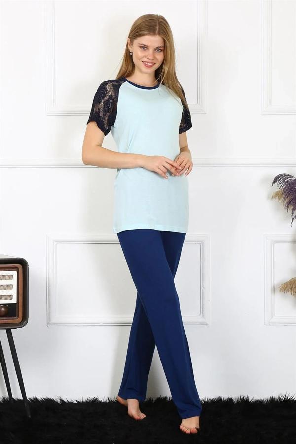 Kadın Kolu Dantelli Penye Pijama Takım Su Yeşili - Image 1