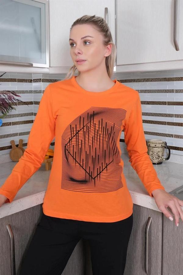 Kadın Uzun Kol Penye Pijama Takım Turuncu - Image 1