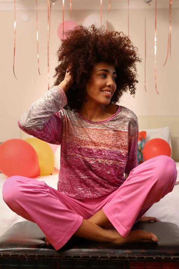 Kadın Uzun Kol Penye Pijama Takım Fuşya - Image 1