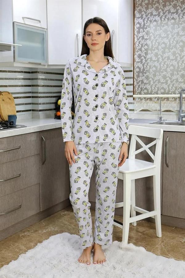 Kadın Pamuk Penye Önden Düğmeli Uzun Kol Pijama Takım Gri - Image 1