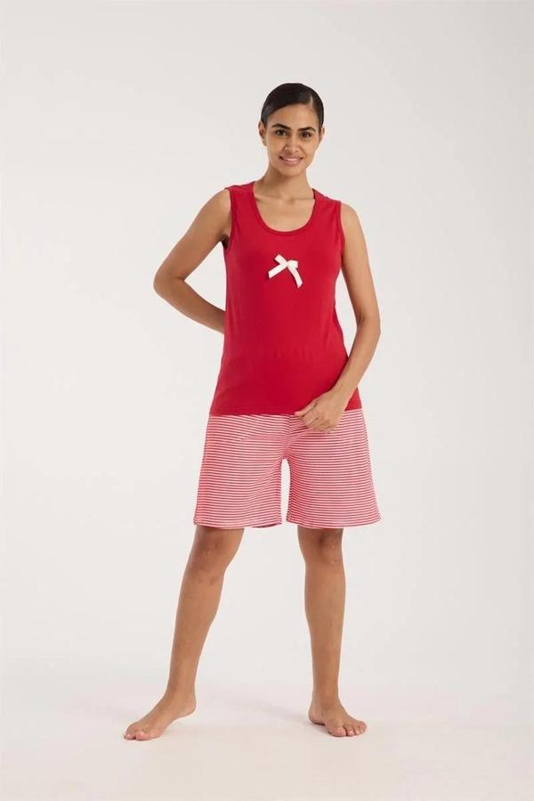 Kadın Kırmızı Kurdele Detaylı Çizgili Şortlu Pijama Takımı - Image 1