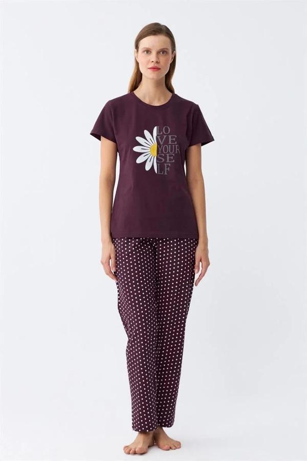 Kadın Mürdüm Papatya Baskılı Kısa Kollu Penye Pijama Takımı - Image 1