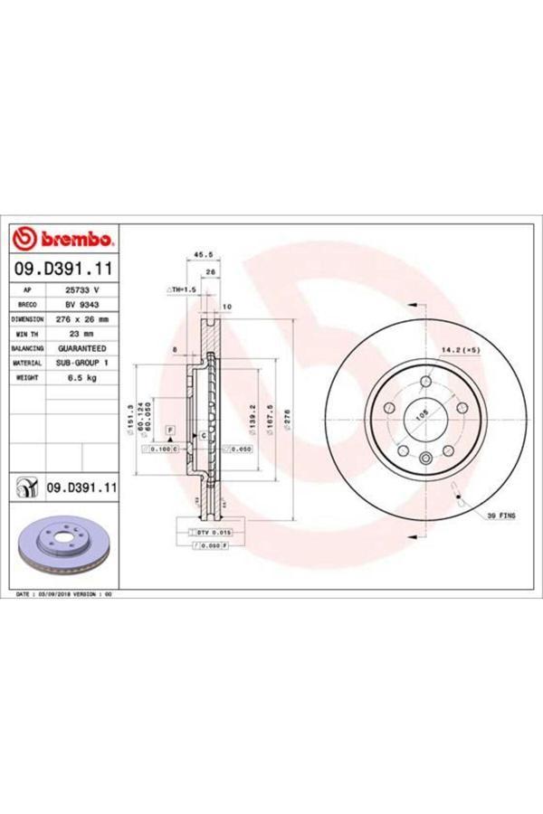 Brembo Ön Fren Aynası Astra K 15 > 15 İnç / 5 Delik 276X26X5Dl Havalı - Image 1