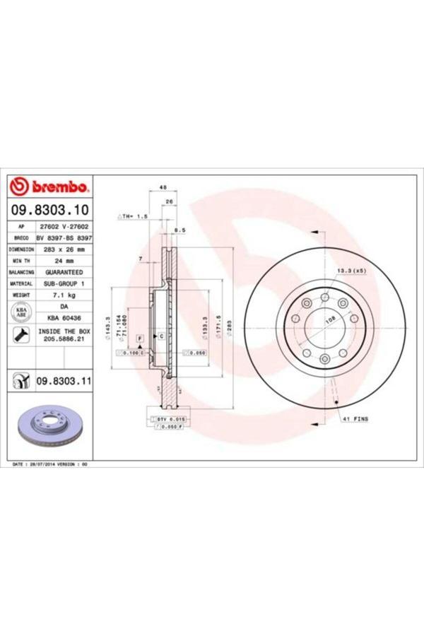 Brembo Ön Fren Aynası 407 1.6Hdı 1.8-2.016V-2.0Hdı 04 > 607 2.0 00 > 508 10 > 283X26X5Dlxhavalı - Image 1