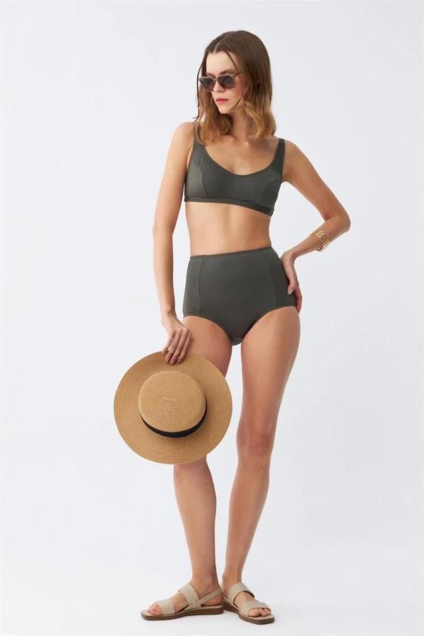 Kadın Basic Haki Pedli Yüksek Bel Bikini Takımı - Image 1