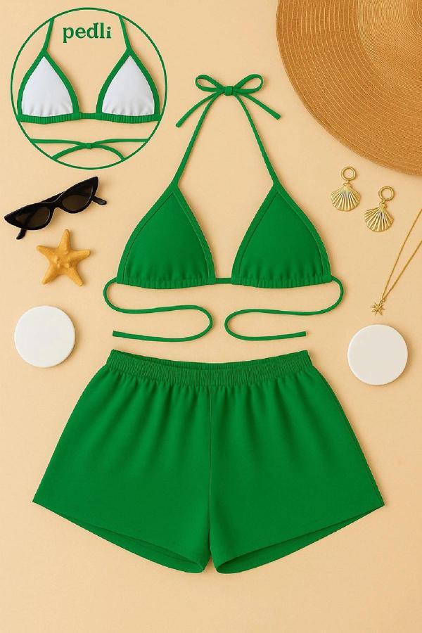 Kadın Yeşil Şortlu Belden ve Boyundan Bağlamalı Bikini Takımı - Image 1