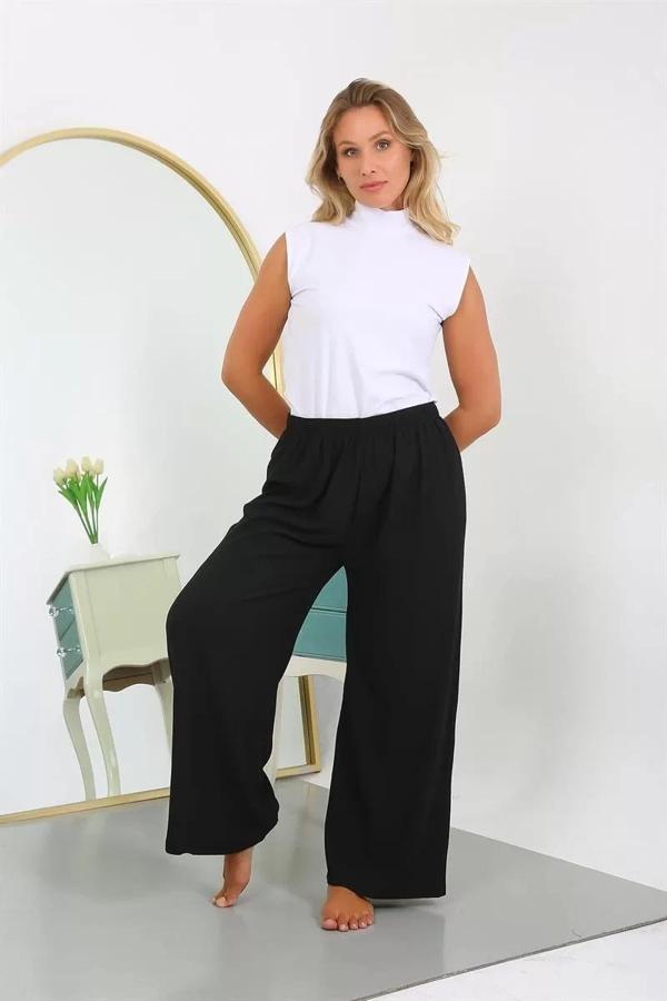 Kadın Büyük Beden Bürümcük Pantolon Siyah - Image 1