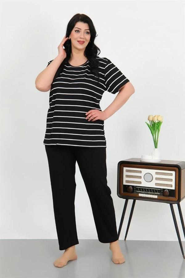 Kadın Büyük Beden Kısa Kol Penye Pijama Takımı Siyah - Image 1