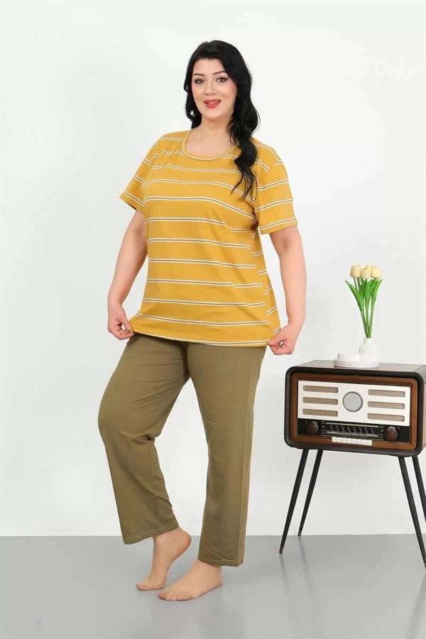 Kadın Büyük Beden Kısa Kol Penye Pijama Takımı Sarı - Image 1