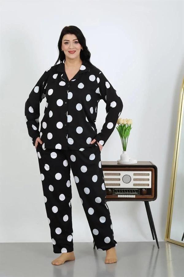 Kadın Büyük Beden Pamuklu Cepli Düğmeli Siyah Pijama Takım - Image 1
