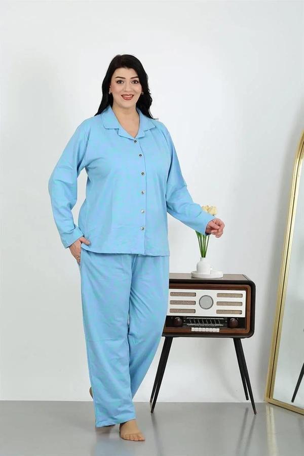 Kadın Büyük Beden Pamuklu Cepli Düğmeli Mavi Pijama Takım - Image 1
