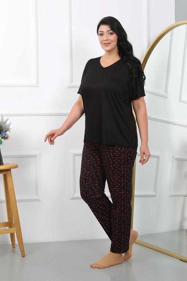 Kadın Büyük Beden Kısa Kol Penye Pijama Takımı Siyah - Image 1