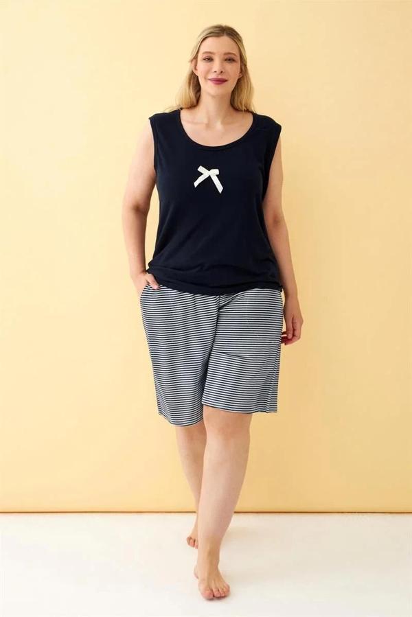 Kadın Lacivert Kurdele Detaylı Şortlu Büyük Beden Pijama Takımı - Image 1