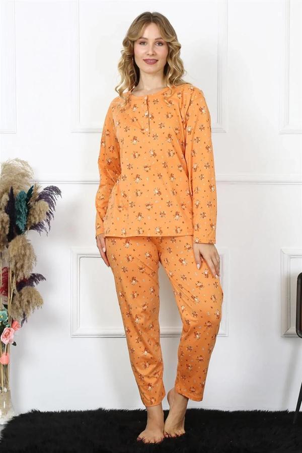 Kadın 4XL-5XL-6XL-7XL-8XL Büyük Beden Uzun Kol Pijama Takım Turuncu - Image 1