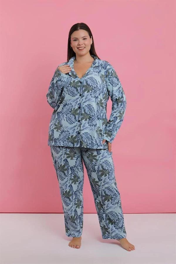 Kadın Büyük Beden Mavi Tropikal Desenli Düğmeli Pijama Takımı - Image 1