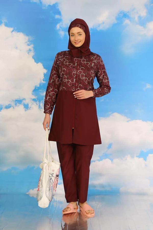 Kadın Pantolonlu Desenli Tam Tesettür Mayo Bordo - Image 1