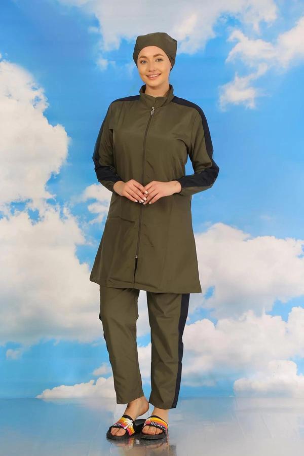 Kadın Pantolonlu Kolu Şeritli Tam Tesettür Mayo Haki - Image 1