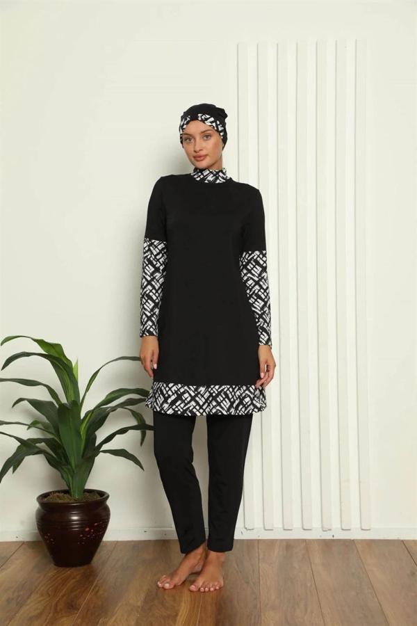 Tam Tesettür Dijital Desenli Mayo Siyah - Image 1