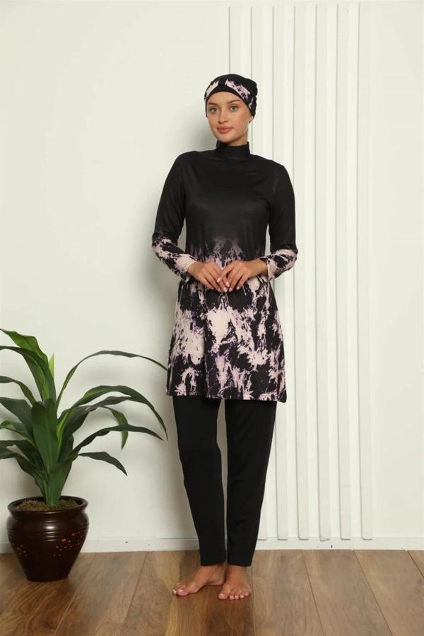 Tam Tesettür Dijital Desenli Mayo Siyah - Image 1
