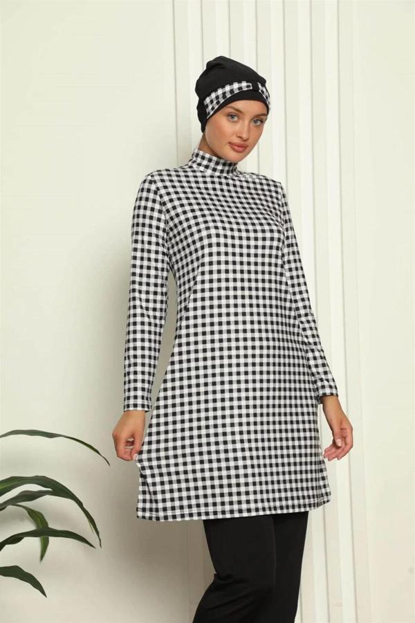 Tam Tesettür Dijital Desenli Mayo Siyah - Beyaz - Image 1