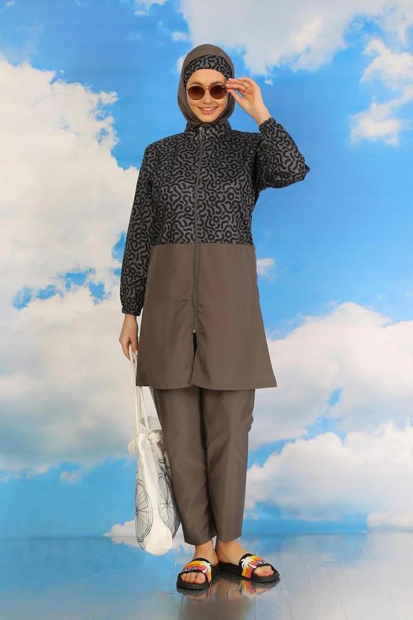 Kadın Pantolonlu Desenli Tam Tesettür Mayo Füme - Image 1